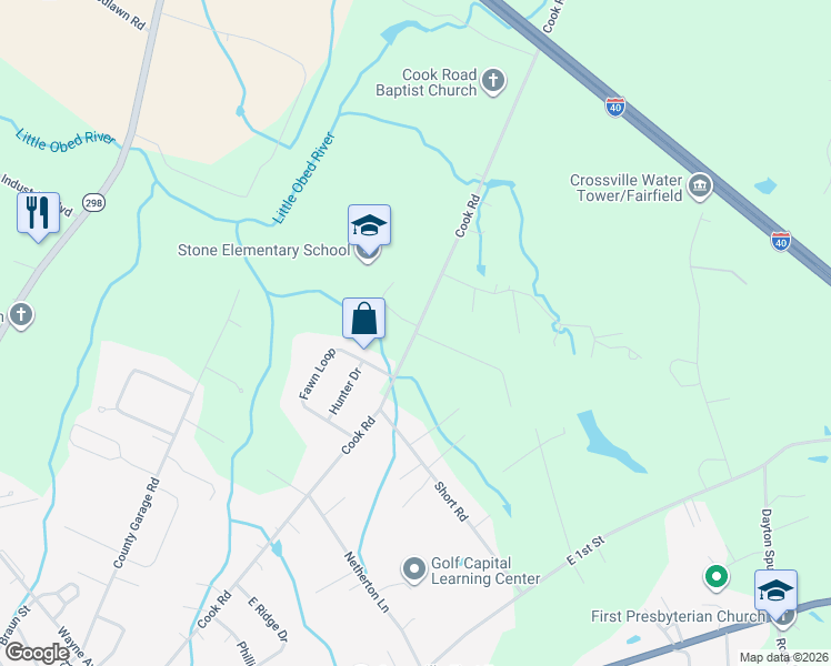 map of restaurants, bars, coffee shops, grocery stores, and more near 1198 Cook Road in Crossville