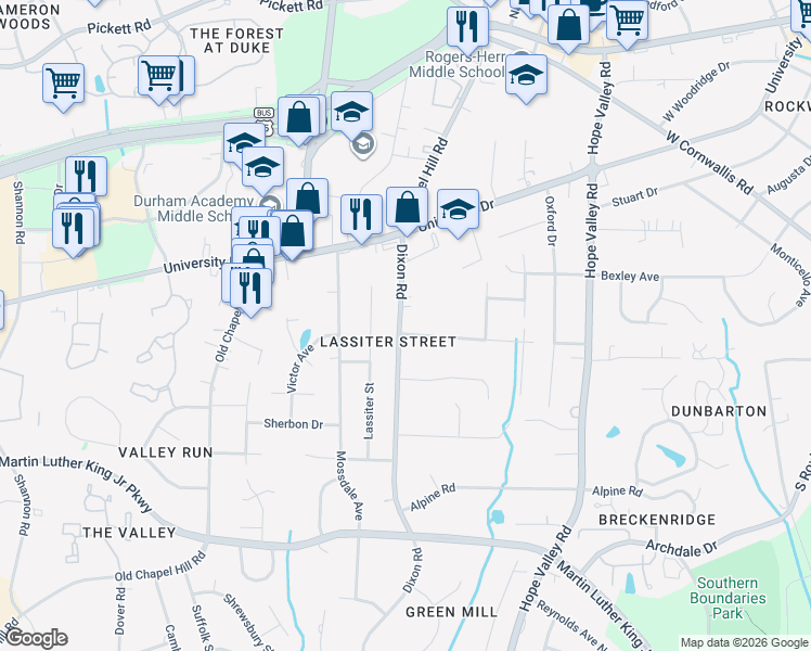 map of restaurants, bars, coffee shops, grocery stores, and more near 3030 Dixon Road in Durham