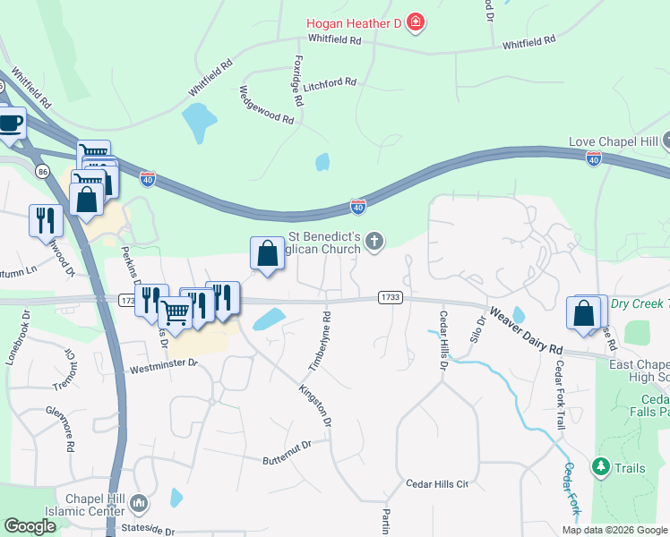 map of restaurants, bars, coffee shops, grocery stores, and more near 132 Schultz Street in Chapel Hill
