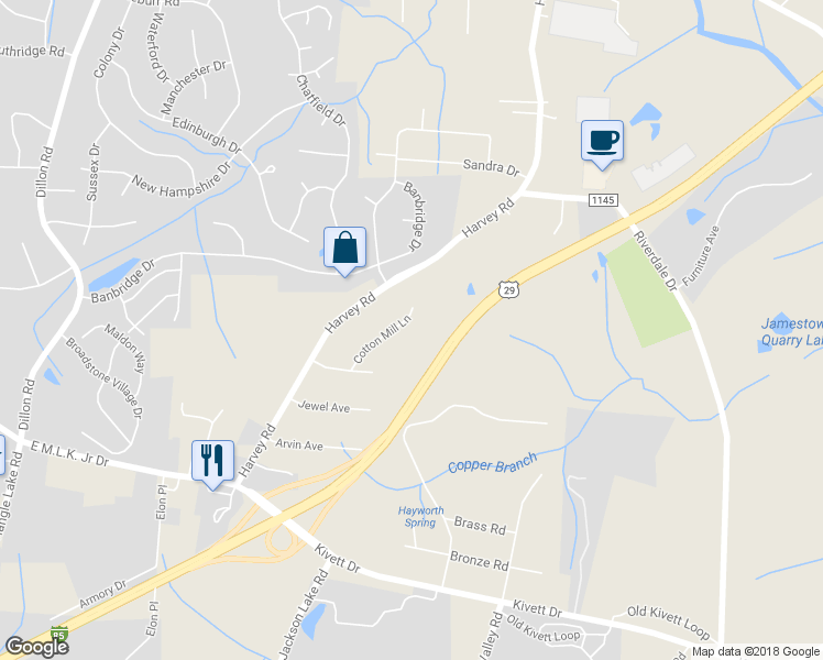 map of restaurants, bars, coffee shops, grocery stores, and more near 5202 Cotton Mill Lane in Jamestown