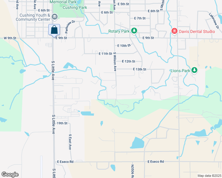 map of restaurants, bars, coffee shops, grocery stores, and more near 1501 South Wilson Avenue in Cushing