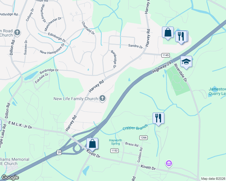 map of restaurants, bars, coffee shops, grocery stores, and more near 5200 Cotton Mill Lane in Jamestown