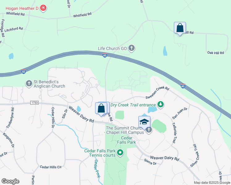 map of restaurants, bars, coffee shops, grocery stores, and more near 7608 Justin Place in Chapel Hill