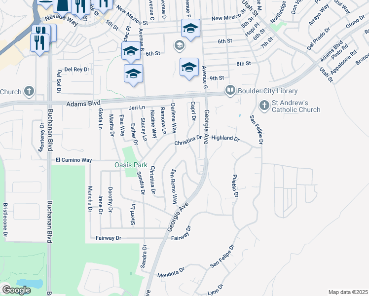 map of restaurants, bars, coffee shops, grocery stores, and more near 700 Capri Drive in Boulder City