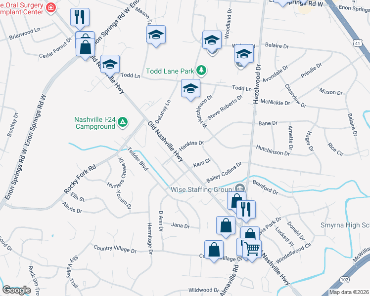 map of restaurants, bars, coffee shops, grocery stores, and more near 212 Hankins Drive in Smyrna