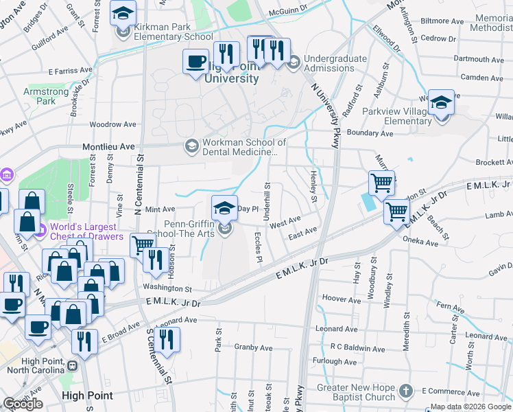 map of restaurants, bars, coffee shops, grocery stores, and more near 1203 Day Place in High Point