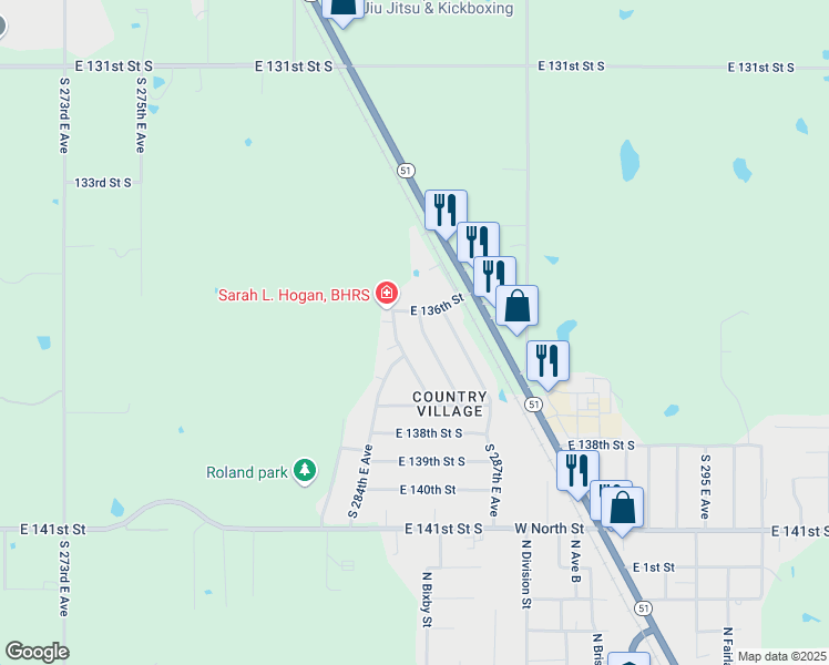 map of restaurants, bars, coffee shops, grocery stores, and more near 13613 South 285th East Avenue in Coweta