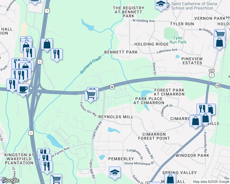 map of restaurants, bars, coffee shops, grocery stores, and more near Doctor Calvin Jones Highway in Wake Forest