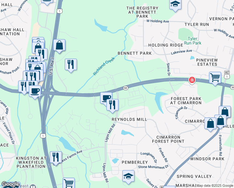 map of restaurants, bars, coffee shops, grocery stores, and more near Doctor Calvin Jones Highway in Wake Forest