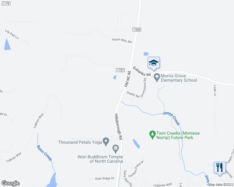 map of restaurants, bars, coffee shops, grocery stores, and more near 7525 Old NC 86 in Chapel Hill