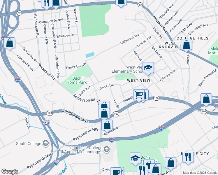 map of restaurants, bars, coffee shops, grocery stores, and more near 1816 Fay Street in Knoxville