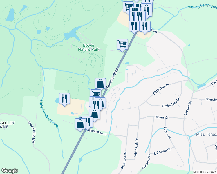 map of restaurants, bars, coffee shops, grocery stores, and more near 2340 Fairview Boulevard in Fairview