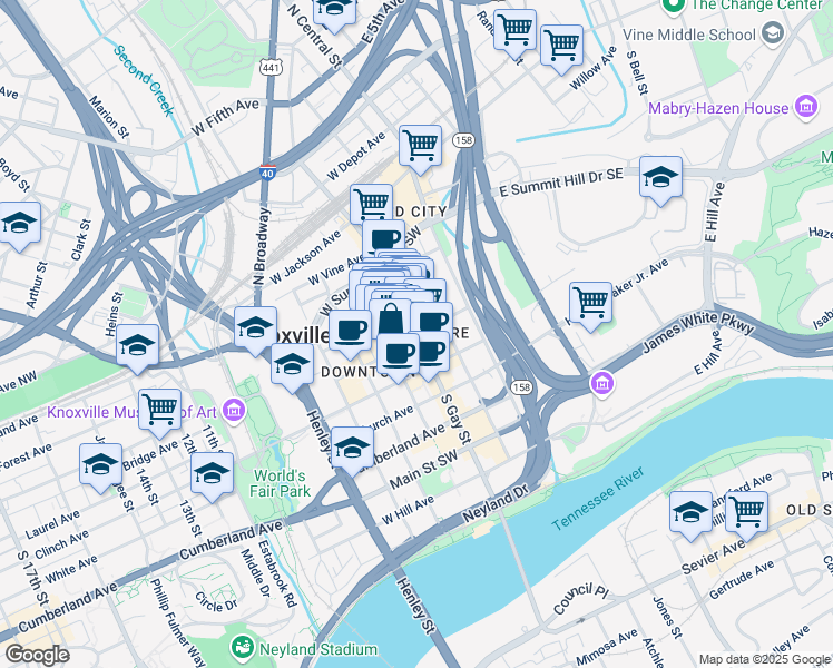 map of restaurants, bars, coffee shops, grocery stores, and more near South Gay Street in Knoxville