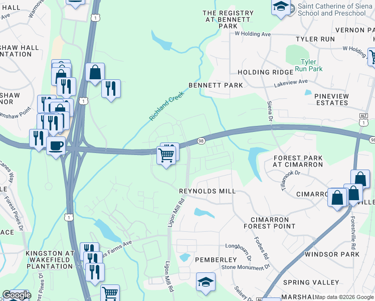 map of restaurants, bars, coffee shops, grocery stores, and more near Doctor Calvin Jones Highway in Wake Forest