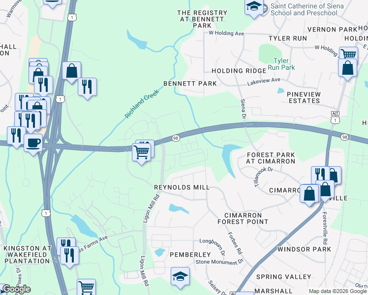 map of restaurants, bars, coffee shops, grocery stores, and more near Doctor Calvin Jones Highway in Wake Forest