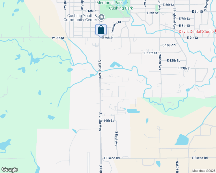 map of restaurants, bars, coffee shops, grocery stores, and more near 1428 South Little Avenue in Cushing