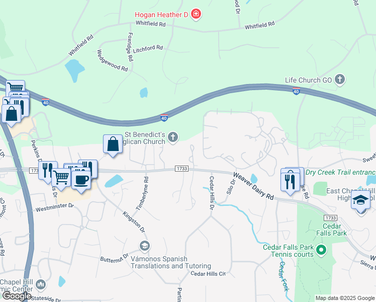 map of restaurants, bars, coffee shops, grocery stores, and more near 127 Essex Drive in Chapel Hill