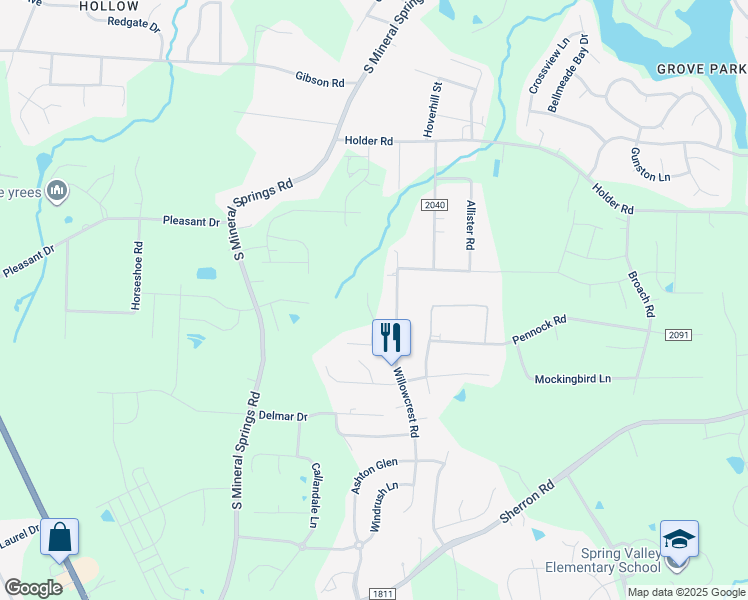 map of restaurants, bars, coffee shops, grocery stores, and more near 134 Red Robin Road in Durham