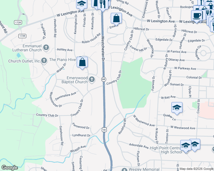 map of restaurants, bars, coffee shops, grocery stores, and more near 1051 Rockford Road in High Point