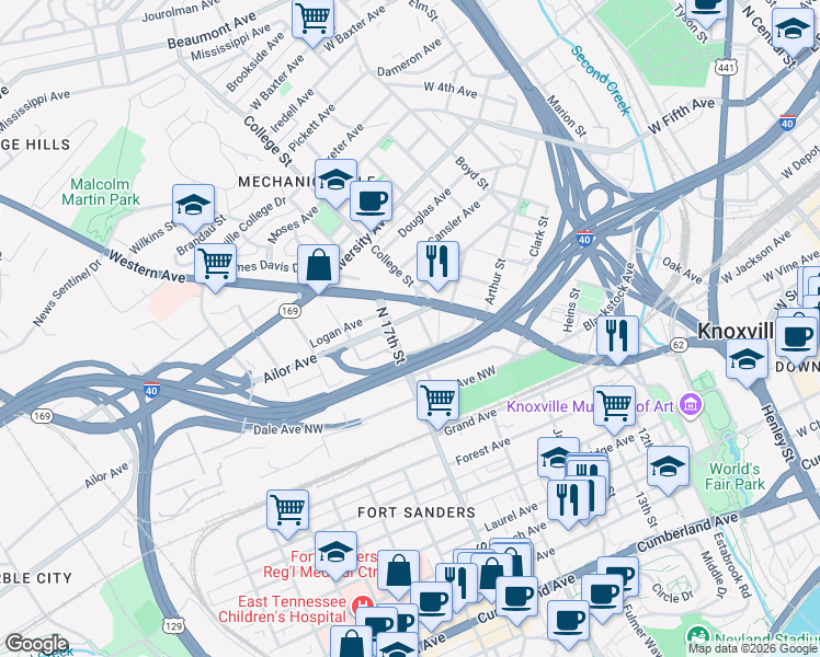 map of restaurants, bars, coffee shops, grocery stores, and more near 40 North 17th Street in Knoxville