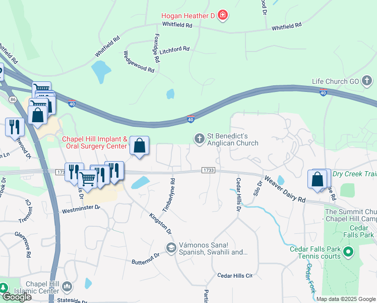 map of restaurants, bars, coffee shops, grocery stores, and more near 110 Weatherstone Drive in Chapel Hill