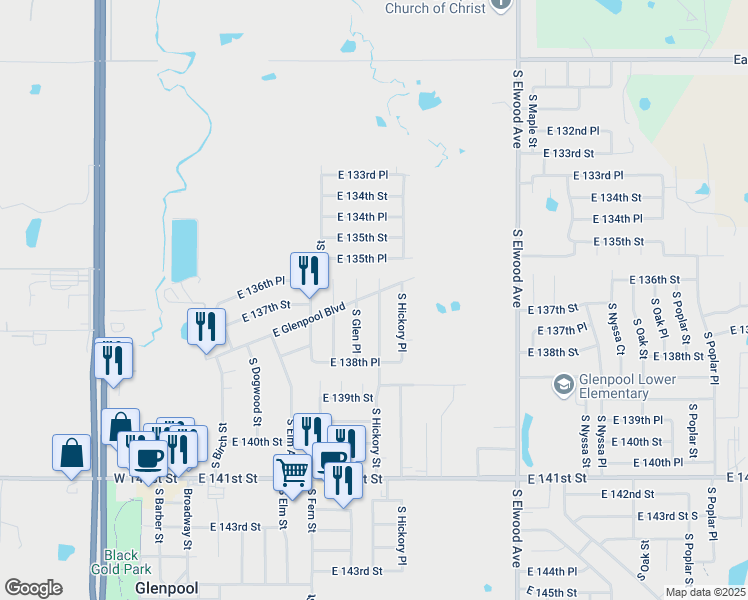 map of restaurants, bars, coffee shops, grocery stores, and more near 13662 South Hickory Street in Glenpool