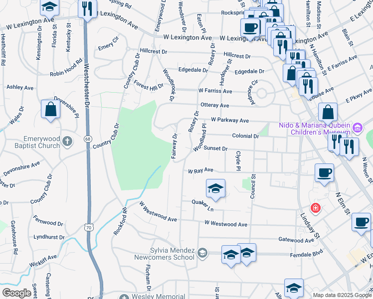 map of restaurants, bars, coffee shops, grocery stores, and more near 1205 Rotary Drive in High Point