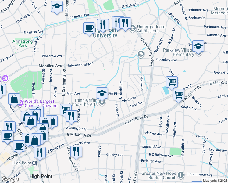 map of restaurants, bars, coffee shops, grocery stores, and more near 1203 Day Place in High Point