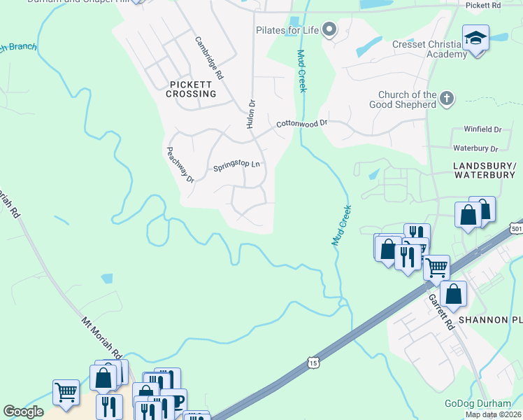 map of restaurants, bars, coffee shops, grocery stores, and more near 4305 Klein Drive in Durham