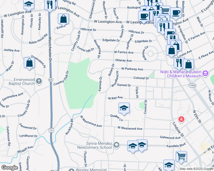 map of restaurants, bars, coffee shops, grocery stores, and more near 1205 Rotary Drive in High Point