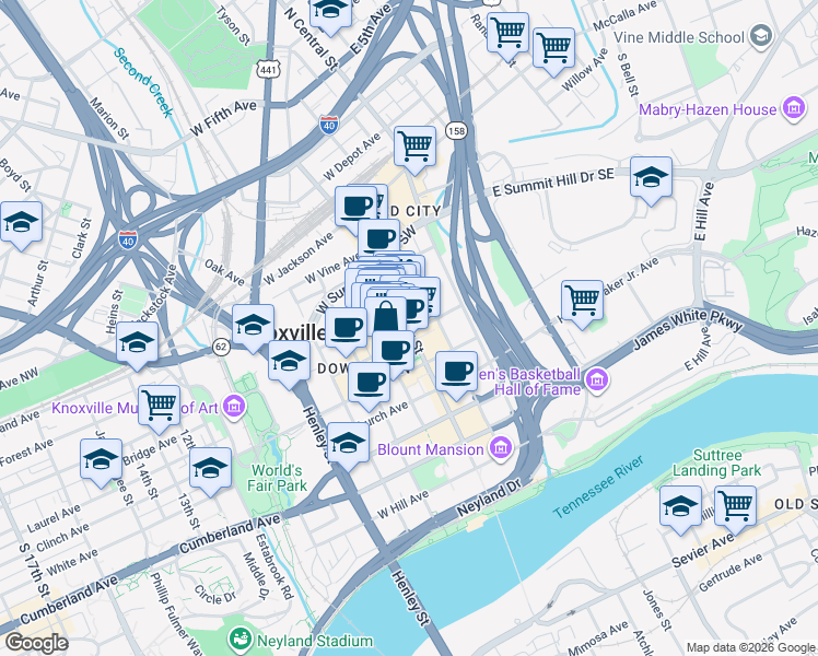 map of restaurants, bars, coffee shops, grocery stores, and more near South Gay Street in Knoxville