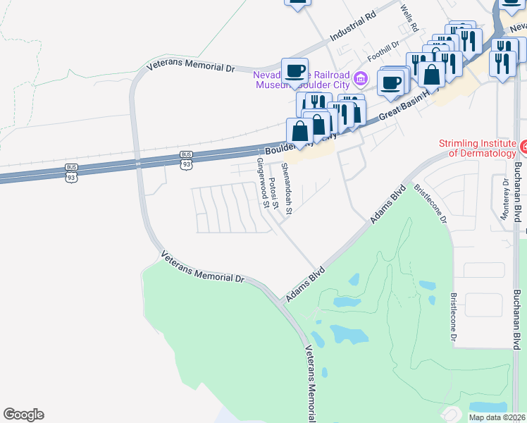 map of restaurants, bars, coffee shops, grocery stores, and more near 1302 Hazelwood Street in Boulder City
