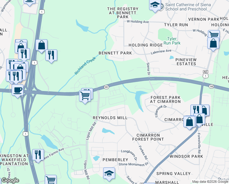 map of restaurants, bars, coffee shops, grocery stores, and more near Doctor Calvin Jones Highway in Wake Forest