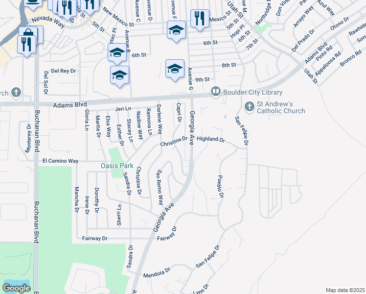 map of restaurants, bars, coffee shops, grocery stores, and more near 701 Capri Drive in Boulder City
