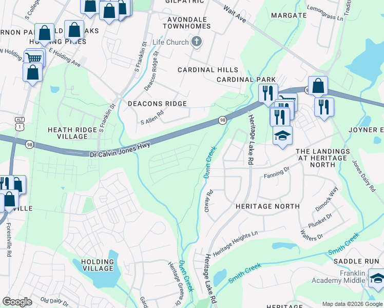map of restaurants, bars, coffee shops, grocery stores, and more near 1005 Wilt's Dairy Point in Wake Forest