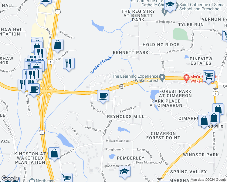 map of restaurants, bars, coffee shops, grocery stores, and more near Doctor Calvin Jones Highway in Wake Forest