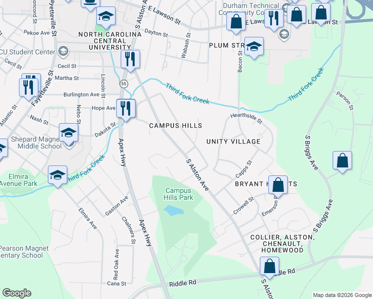 map of restaurants, bars, coffee shops, grocery stores, and more near 1839 South Alston Avenue in Durham