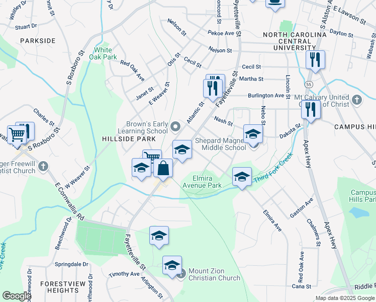map of restaurants, bars, coffee shops, grocery stores, and more near 2806 Fayetteville Street in Durham