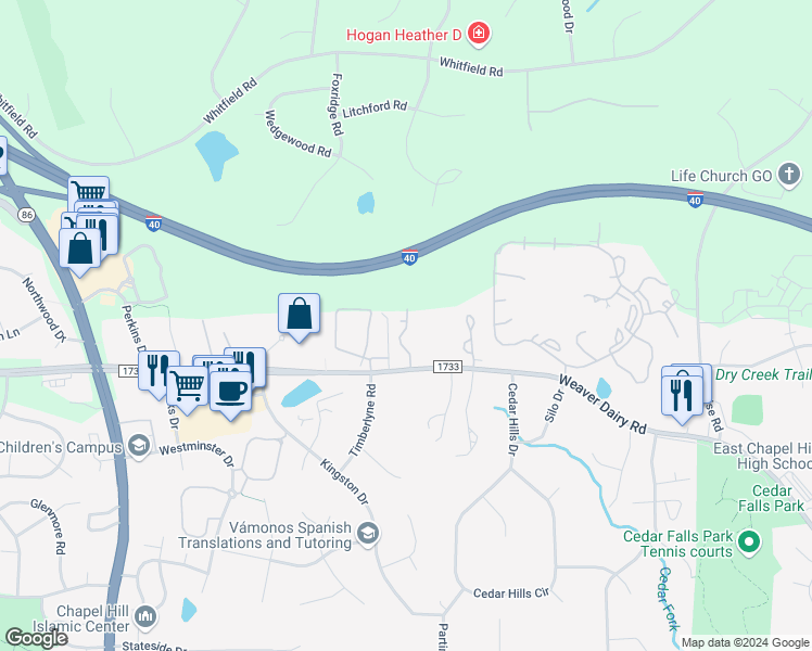 map of restaurants, bars, coffee shops, grocery stores, and more near 870 Weaver Dairy Road in Chapel Hill