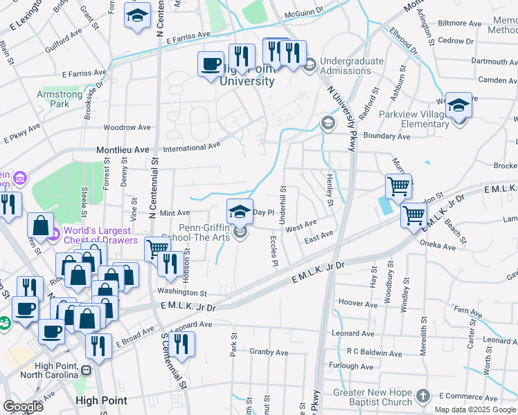 map of restaurants, bars, coffee shops, grocery stores, and more near 1203 Day Place in High Point