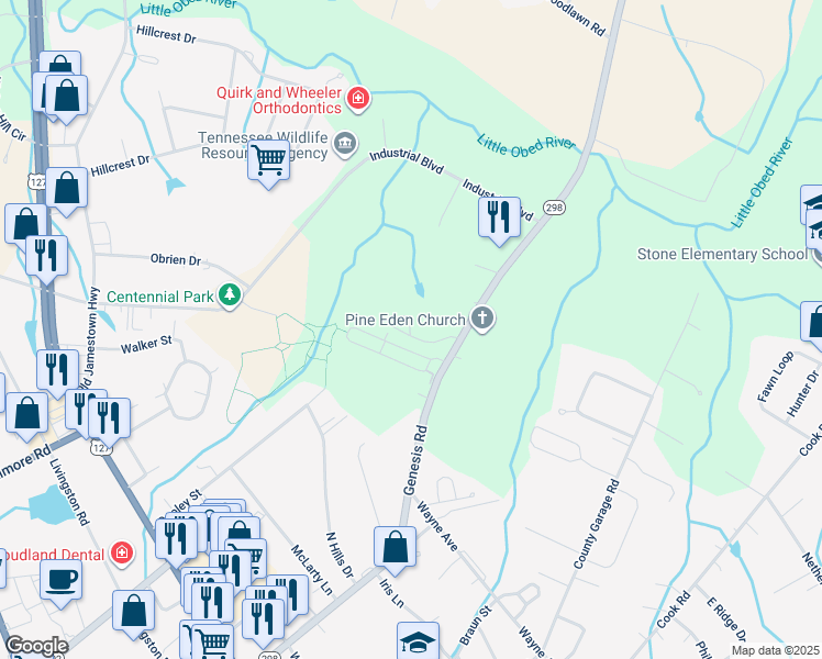 map of restaurants, bars, coffee shops, grocery stores, and more near 241 Heather Ridge Circle in Crossville