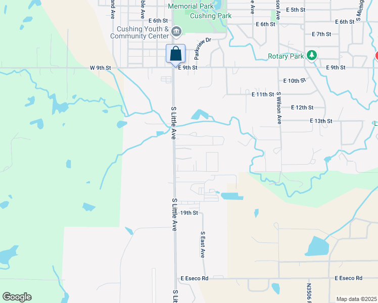 map of restaurants, bars, coffee shops, grocery stores, and more near 1428 South Little Avenue in Cushing