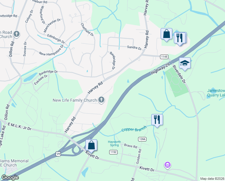 map of restaurants, bars, coffee shops, grocery stores, and more near 5200 Cotton Mill Lane in Jamestown