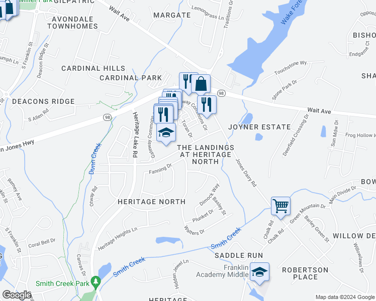map of restaurants, bars, coffee shops, grocery stores, and more near 313 Hammond Oak Lane in Wake Forest