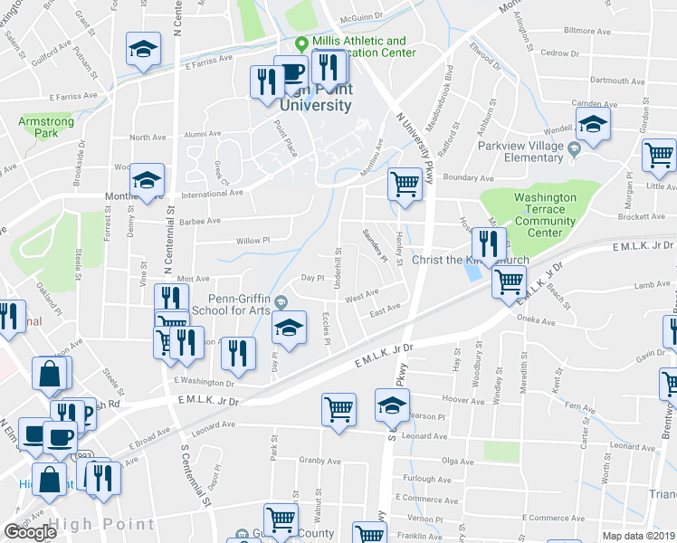 map of restaurants, bars, coffee shops, grocery stores, and more near 217 Underhill Street in High Point