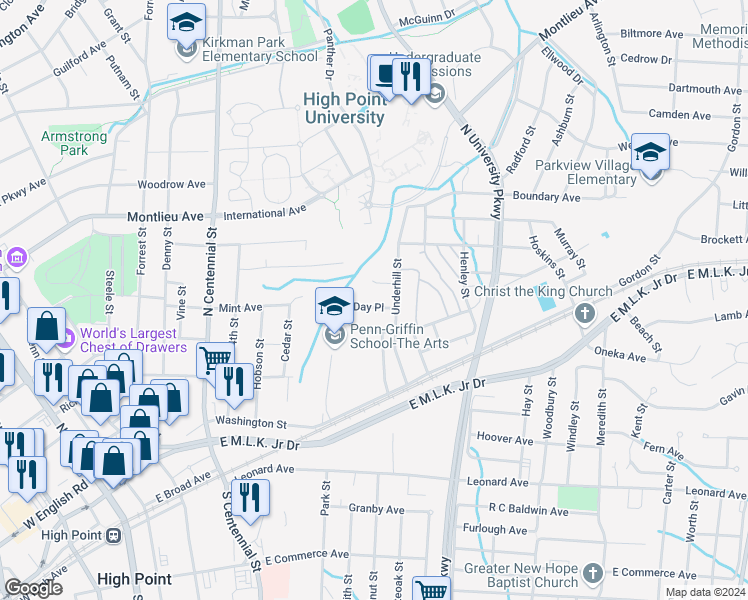 map of restaurants, bars, coffee shops, grocery stores, and more near 1203 Day Place in High Point