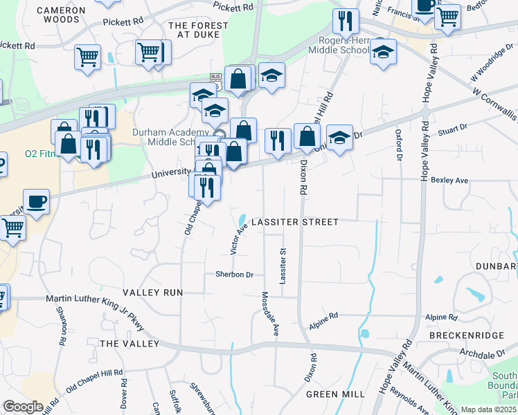map of restaurants, bars, coffee shops, grocery stores, and more near 3110 Mossdale Avenue in Durham