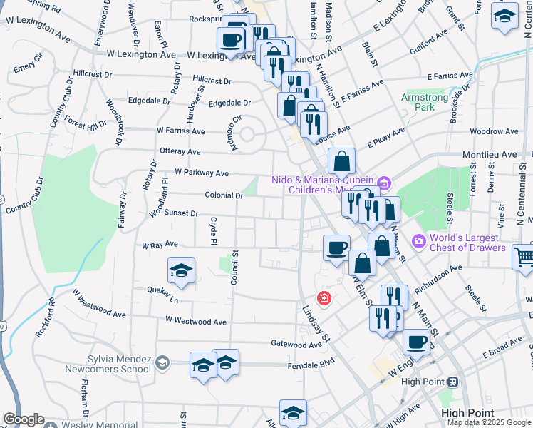 map of restaurants, bars, coffee shops, grocery stores, and more near 406 Sunset Drive in High Point