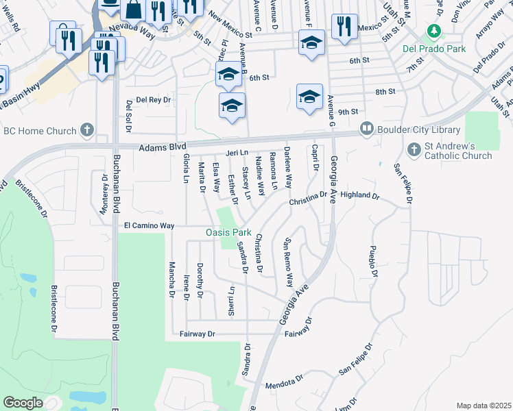 map of restaurants, bars, coffee shops, grocery stores, and more near 782 Sandra Drive in Boulder City
