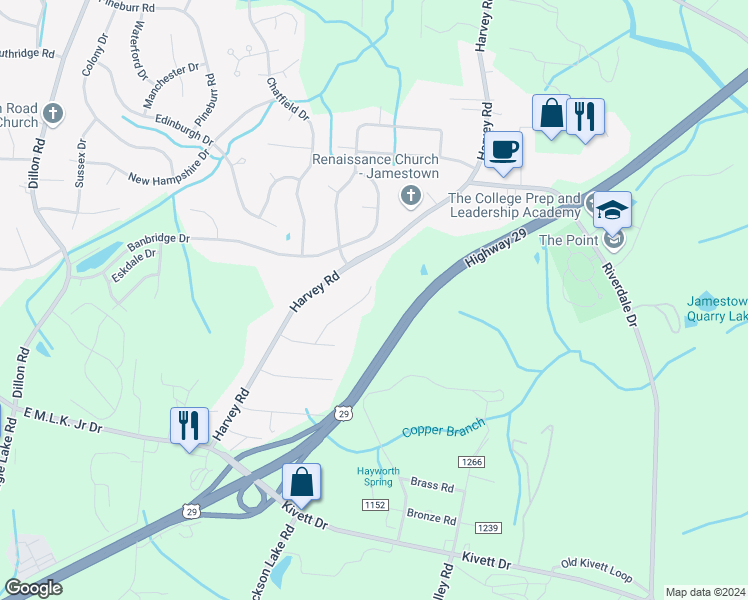 map of restaurants, bars, coffee shops, grocery stores, and more near 5200 Cottonmill Lane in Jamestown